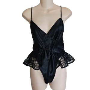 Vintage Night Winks Black Satin Lace Teddy Size Women's Medium